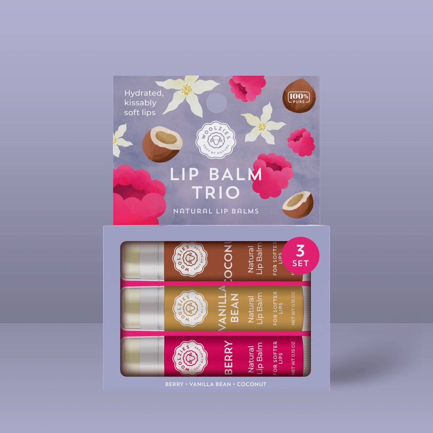 Lip Balm Set of 3 Berry, Vanilla & Coconut