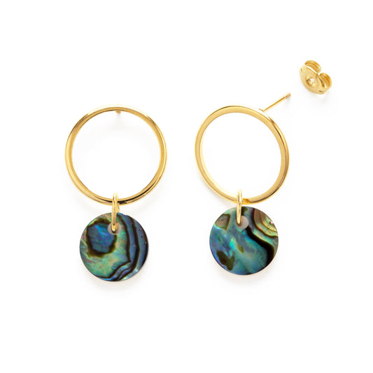 Gold hoop earrings with green circular charms on a white background