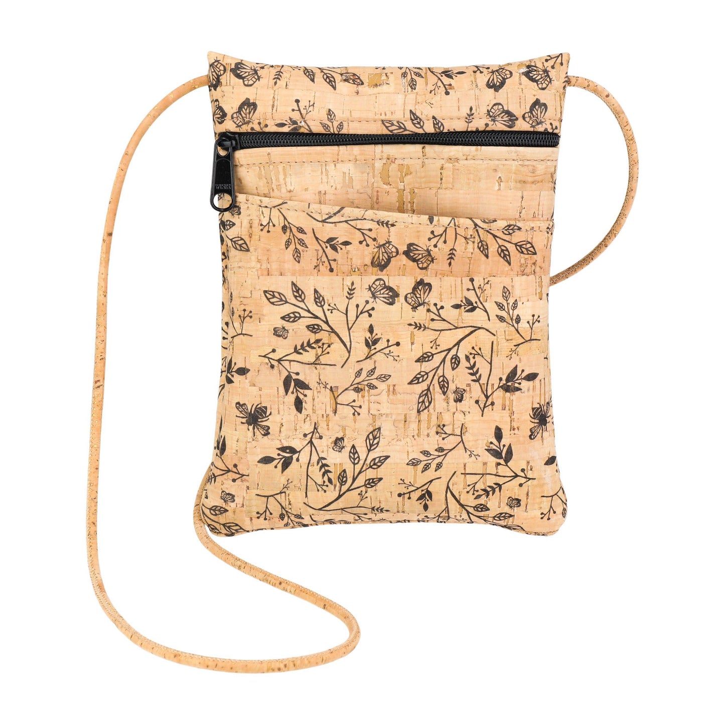 Cork bag with floral pattern and shoulder strap on a white background