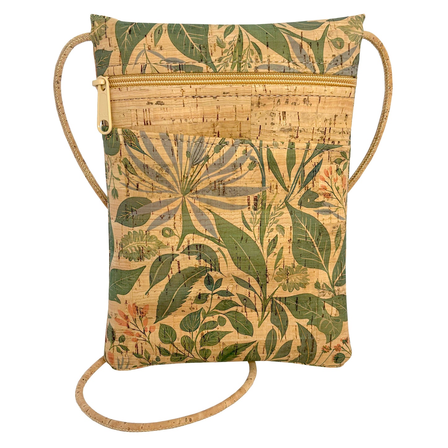 Cork bag with leaf pattern on a white background