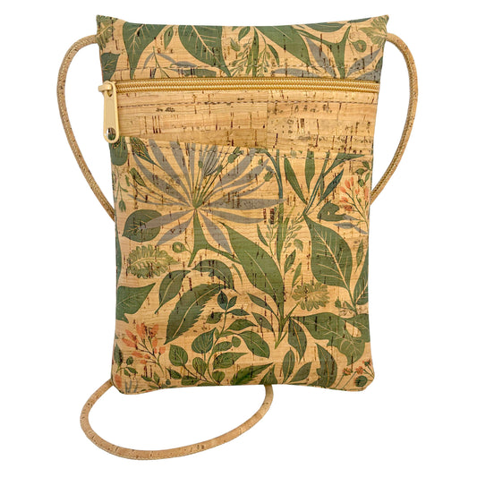 Cork bag with leaf pattern on a white background