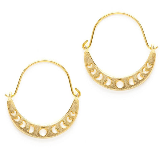 Gold hoop earrings with a cutout design on a white background