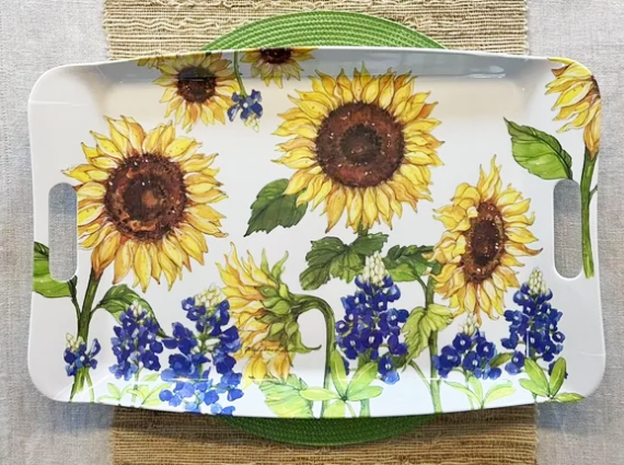 Rectangular tray with sunflower and bluebonnet design on a textured surface