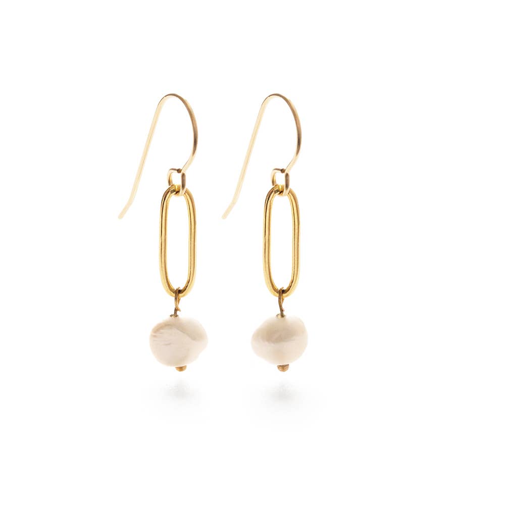 Gold earrings with pearls on a white background
