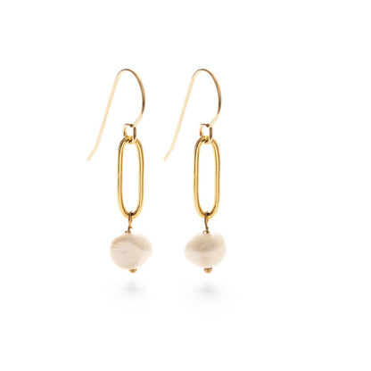 Gold earrings with pearls on a white background
