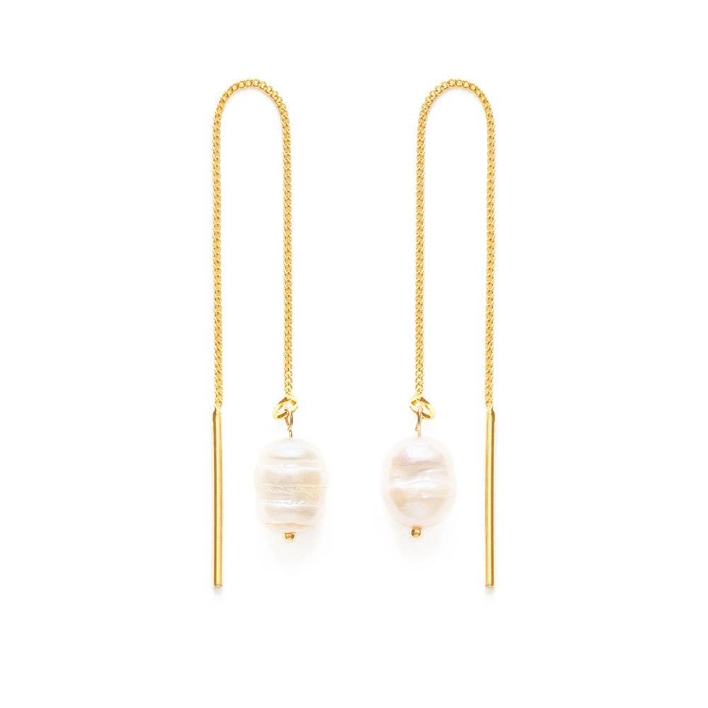 Gold threader earrings with pearl drops on a white background