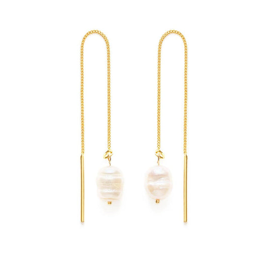 Gold threader earrings with pearl drops on a white background