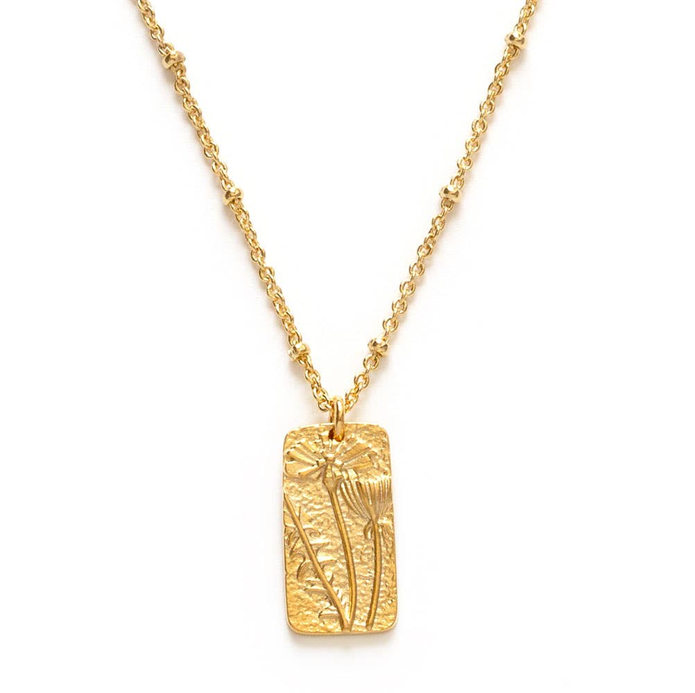 Gold necklace with a rectangular pendant on a white background