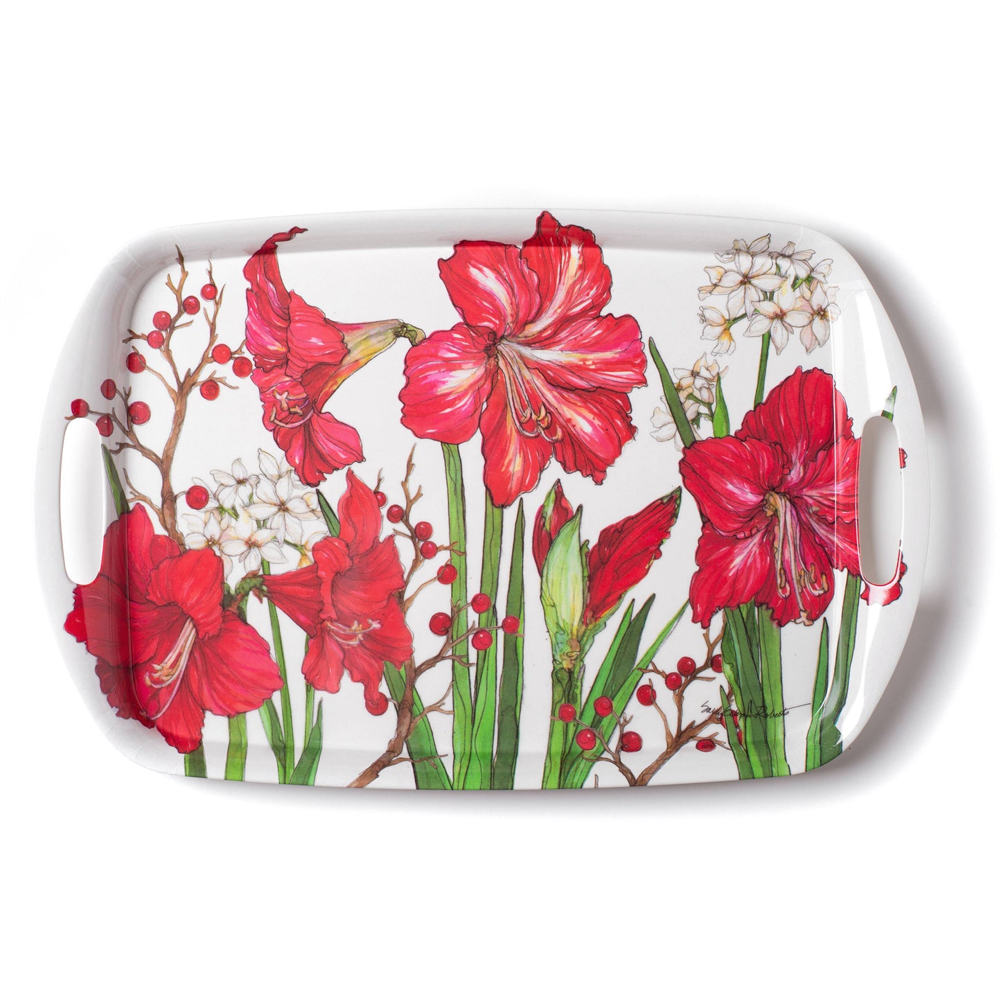 Decorative tray with red floral design on a white background