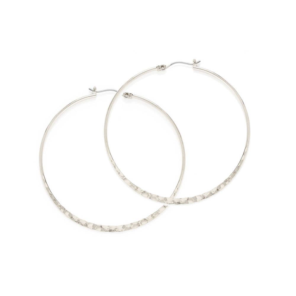 Pair of silver hoop earrings on a white background