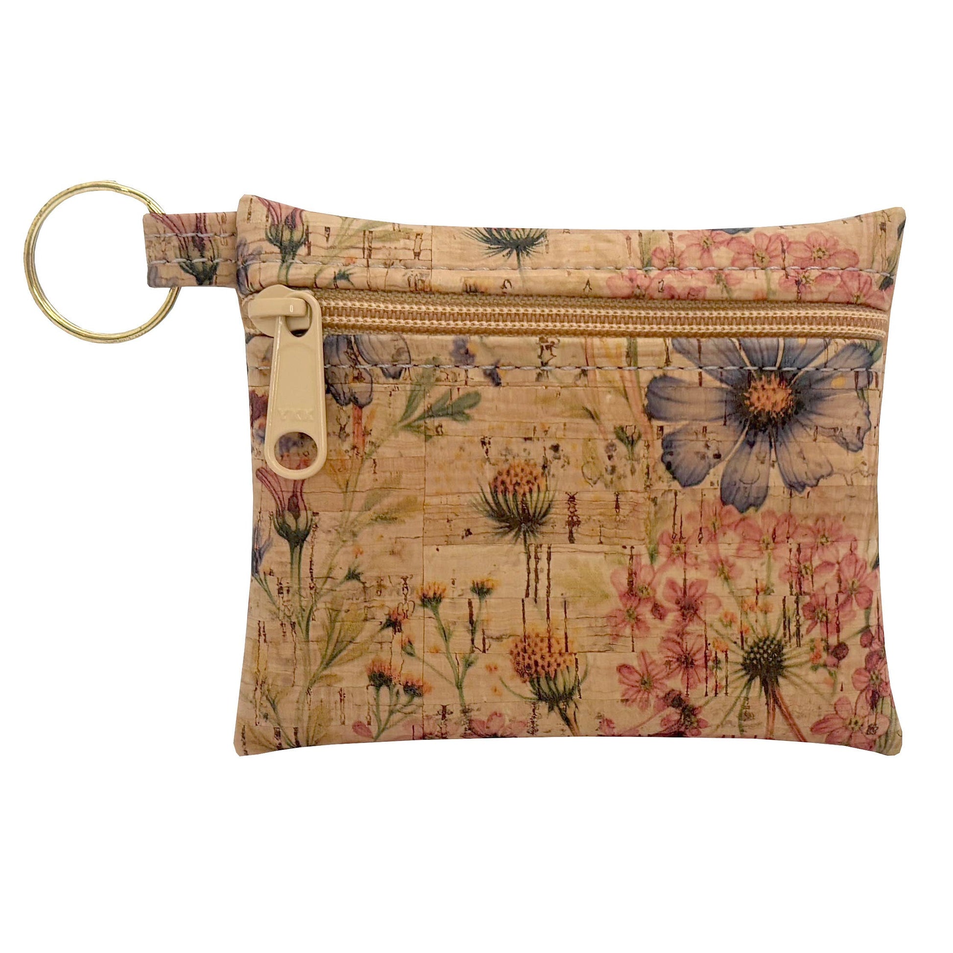 Floral patterned pouch with a key ring on a white background