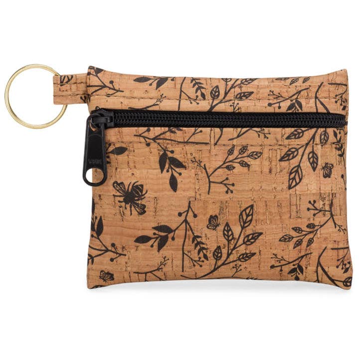 Cork pouch with black leaf pattern and key ring on a white background