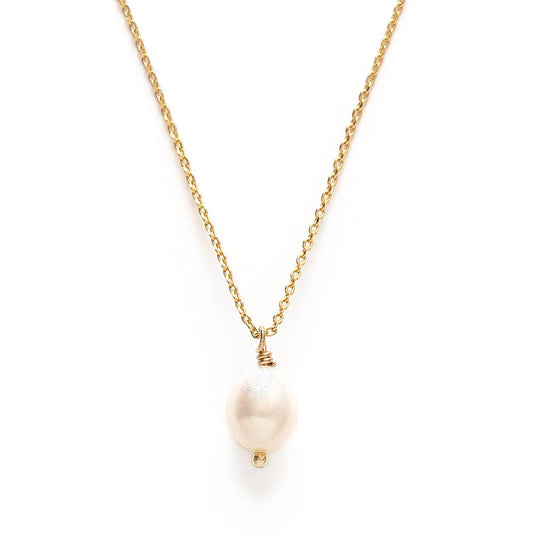 Gold necklace with a single pearl pendant on a white background