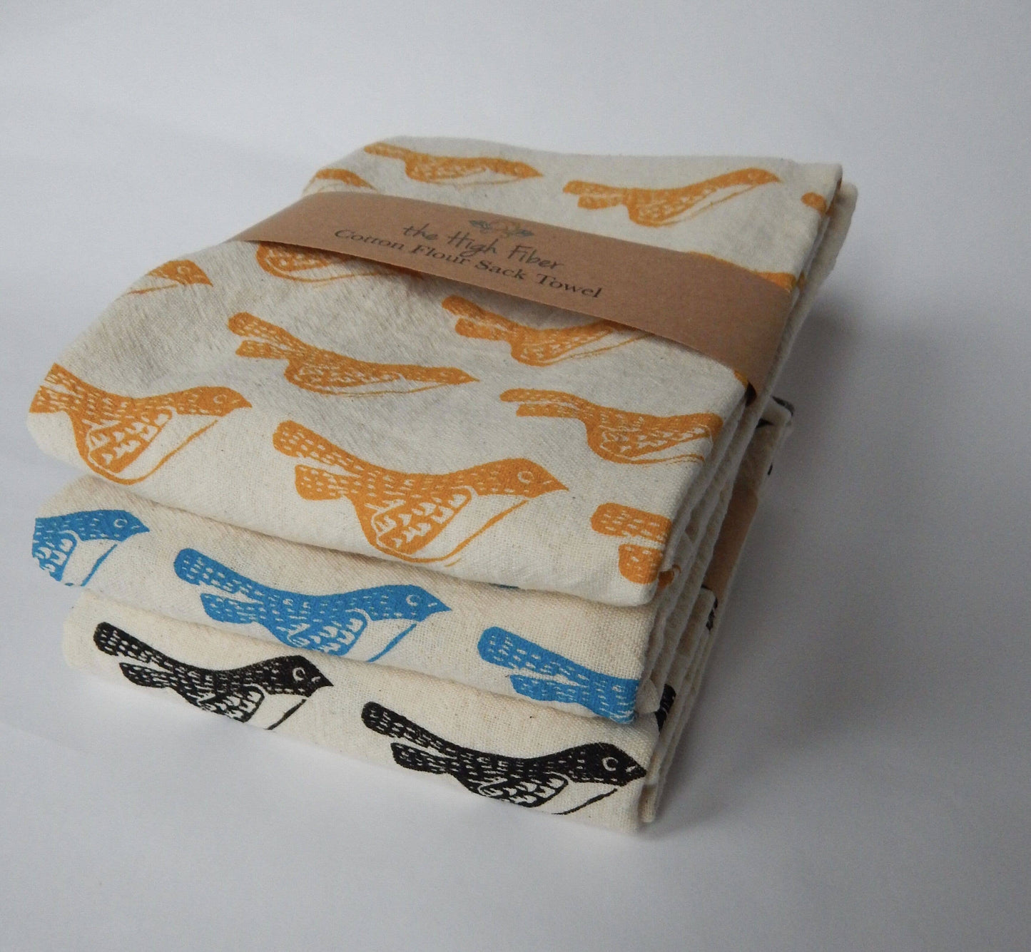 Bird Kitchen Towel, Handprinted Tea Towel: Blue on Natural