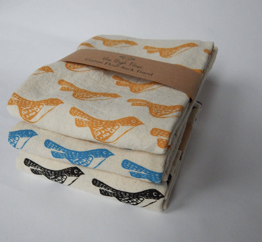 Bird Kitchen Towel, Handprinted Tea Towel: Blue on Natural