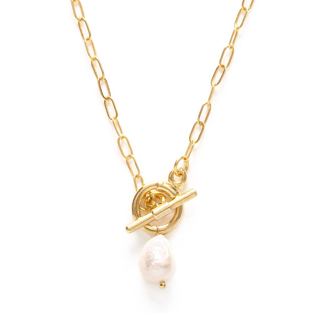 Gold necklace with a pearl pendant on a white background