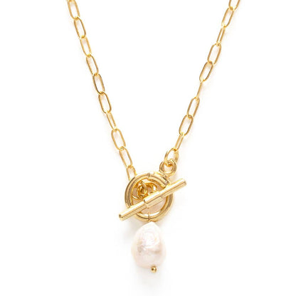 Gold necklace with a pearl pendant on a white background