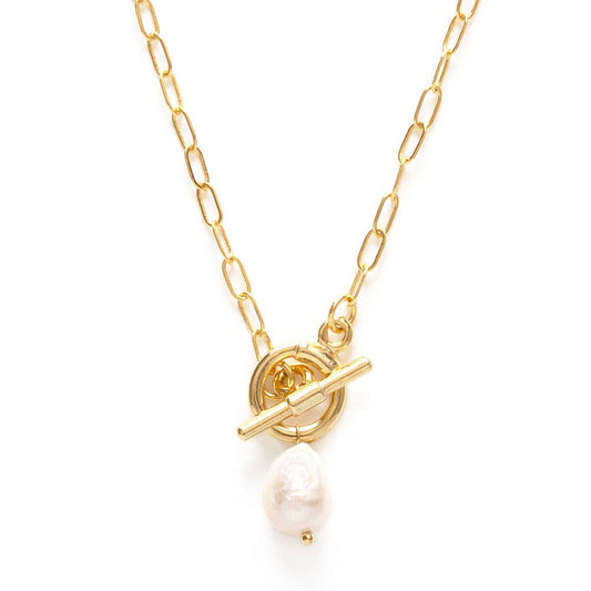 Gold necklace with a pearl pendant on a white background