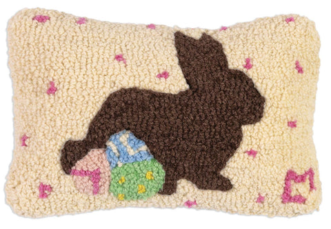 Chocolate Bunny With Eggs - 8" x 12" hooked Easter pillow