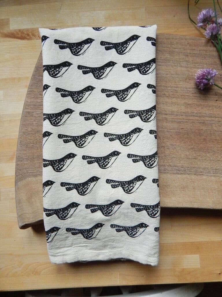 Birds Black Printed Tea Towel