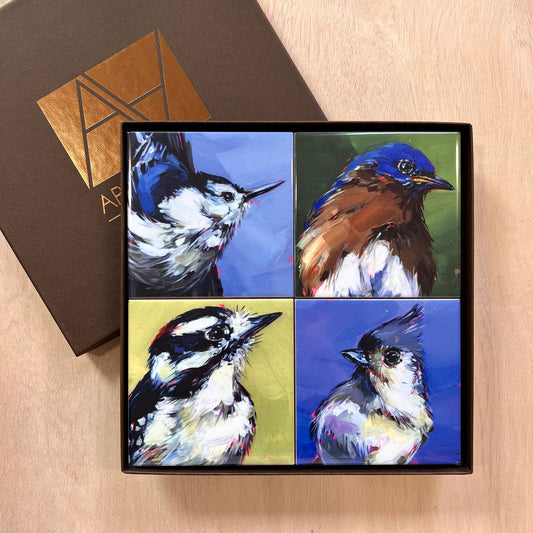 Set of four bird-themed coasters in a decorative box on a wooden surface