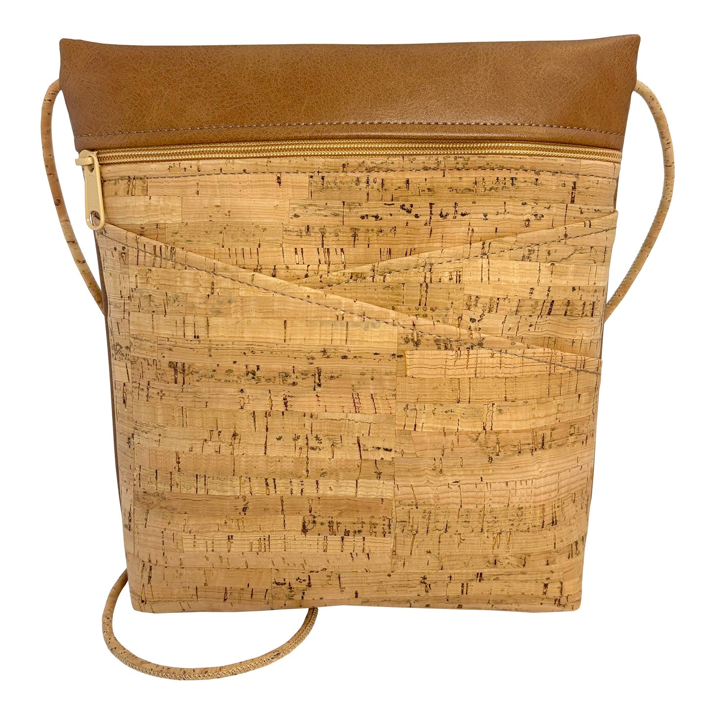 Cork handbag with brown leather top section on a white background