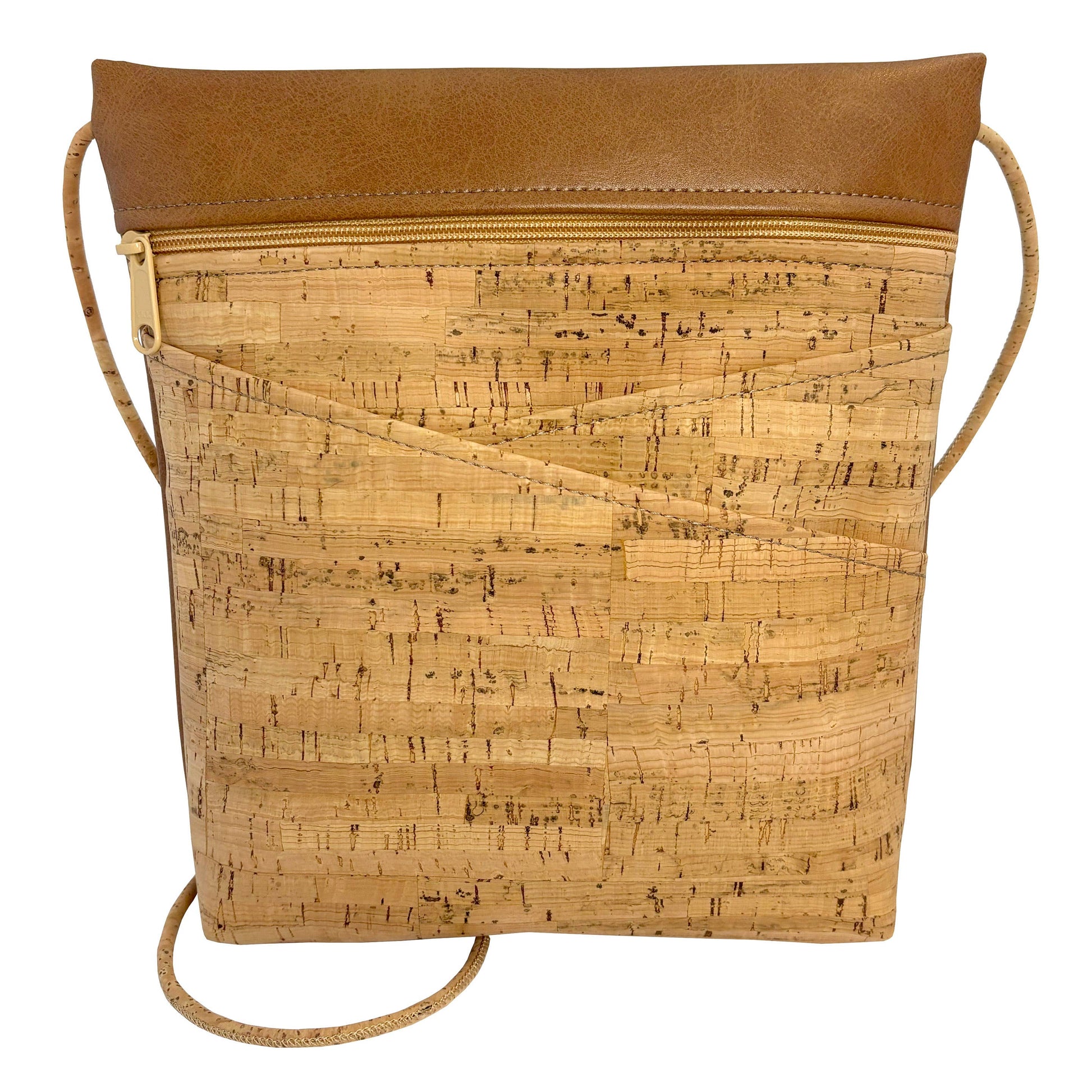 Cork handbag with brown leather top section on a white background