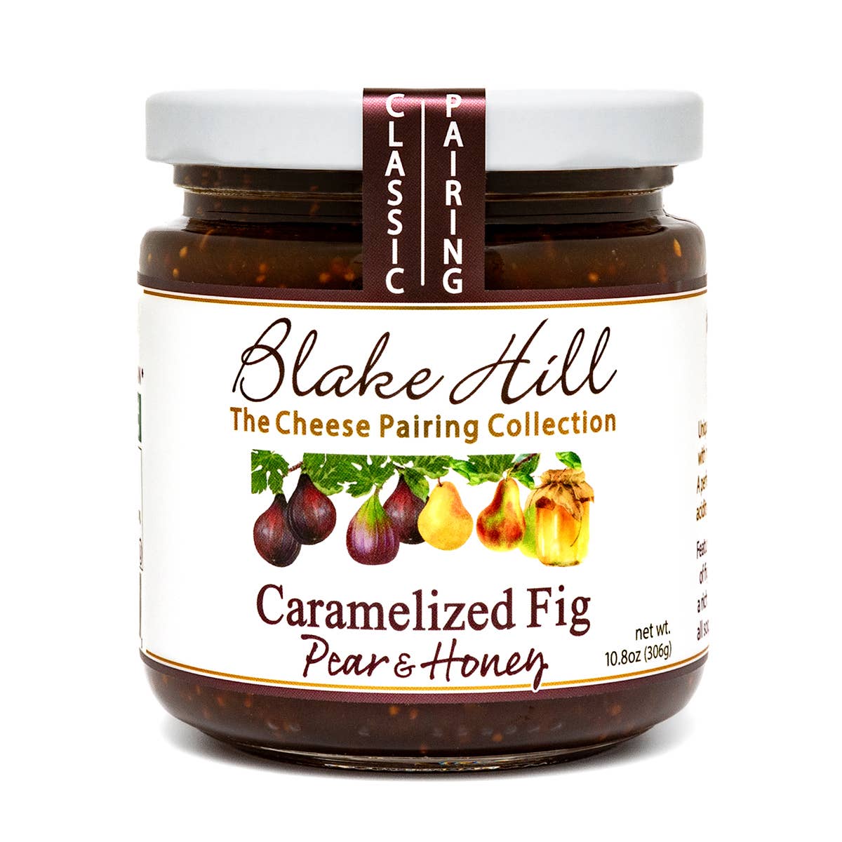 A jar of Blake Hill Caramelized Fig with Pear & Honey Spread, featuring the brand label and the product name, with images of figs, pears, and honey on the label.