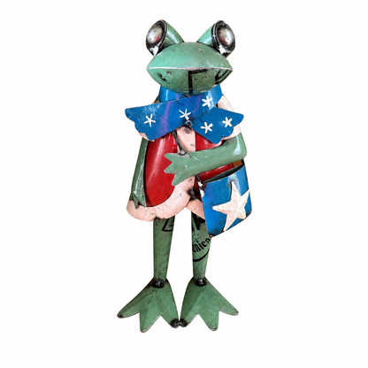 Decorative frog figurine with American flag design on a white background