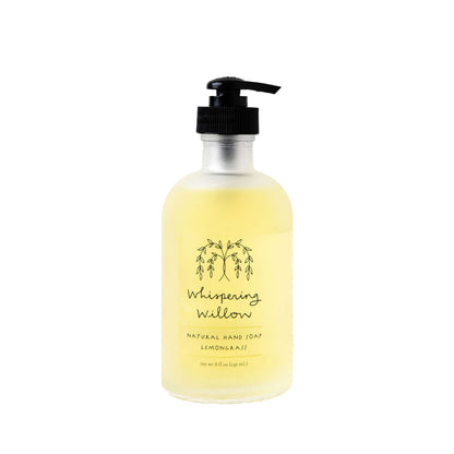 Hand soap bottle labeled 'Whispering Willow' on a white background