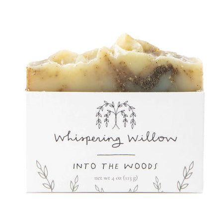 Bar of soap with a 'Whispering Willow' label on a white background
