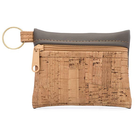 A gray and cork key chain pouch with a gold key ring and zipper closure.