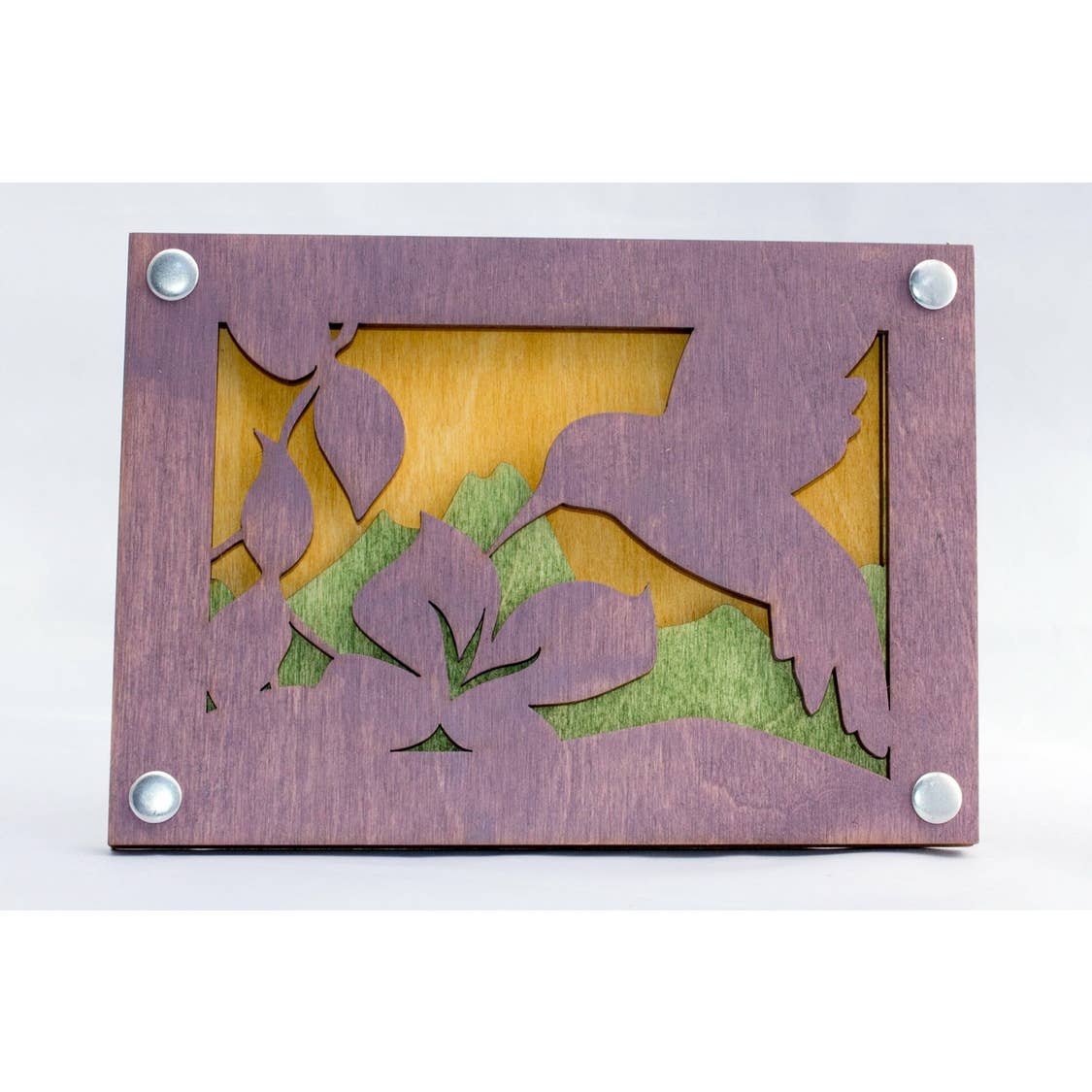 Woodcut Wall Art - 5x7 Hummingbird Purple