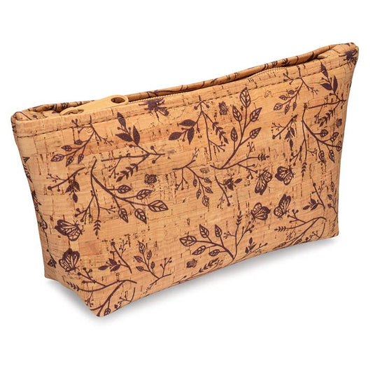 A medium-sized cork fabric zip pouch with a floral pattern.