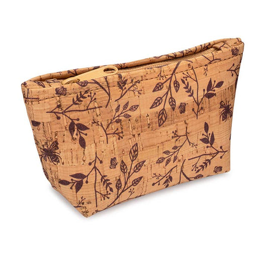 A small cork fabric zip pouch with a floral pattern in maroon tones.