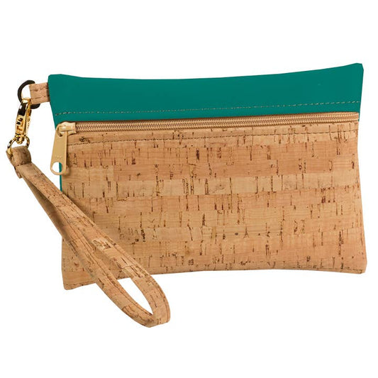 A wristlet zip pouch with a cork fabric body, green faux leather trim, gold hardware, and a removable wristlet strap.