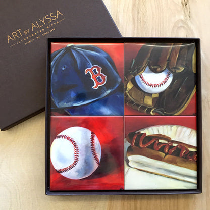 A set of four ceramic tile coasters with baseball-themed images, presented in a gift box.