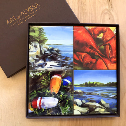 A set of four ceramic tile coasters with cork backing, each featuring a different image from original oil paintings, displayed in a gift box with 'Art by Alyssa' branding.