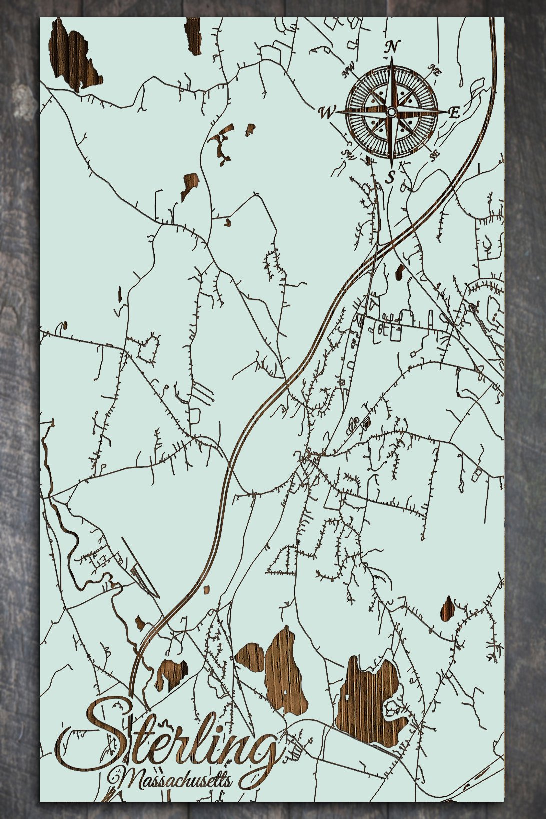 Sea Green Sterling Wooden Map