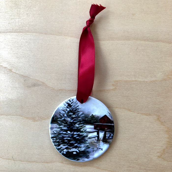 Snowy Tree & Barn Ornament